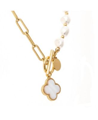 Half Pearl + Half Paperclip Chain Necklace with Clover Charm