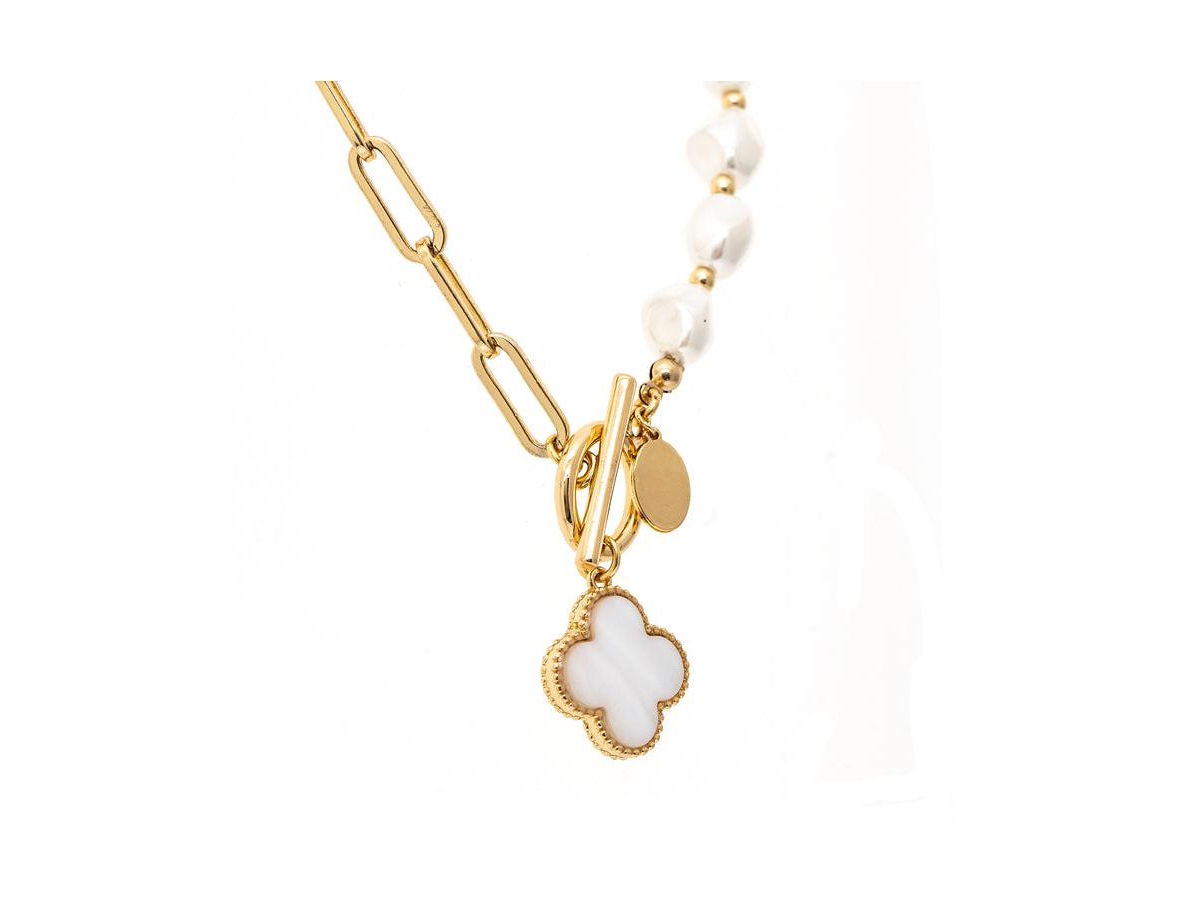 Half Pearl + Half Paperclip Chain Necklace with Clover Charm - Gold with white mother of pearl