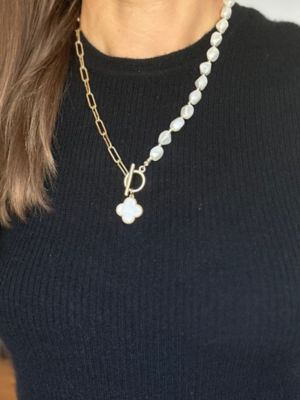 Half Pearl + Half Paperclip Chain Necklace with Clover Charm