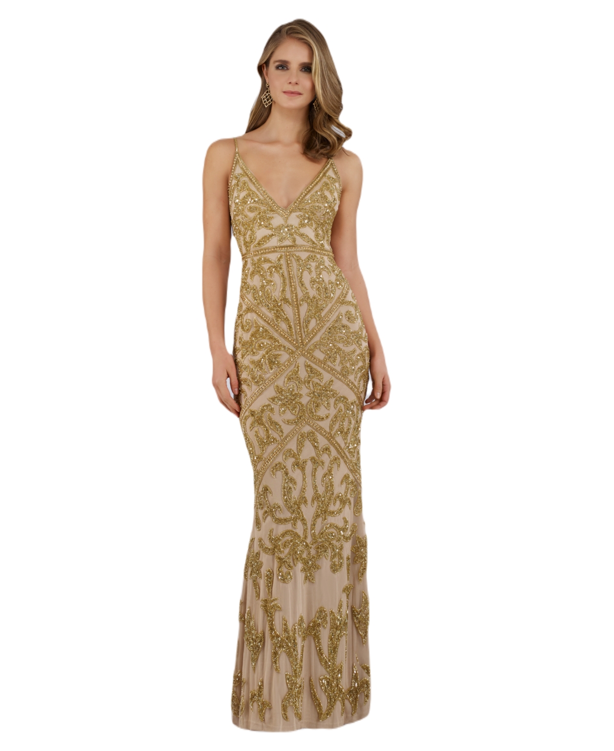 Women's Spaghetti Strap Beaded Dress - Gold