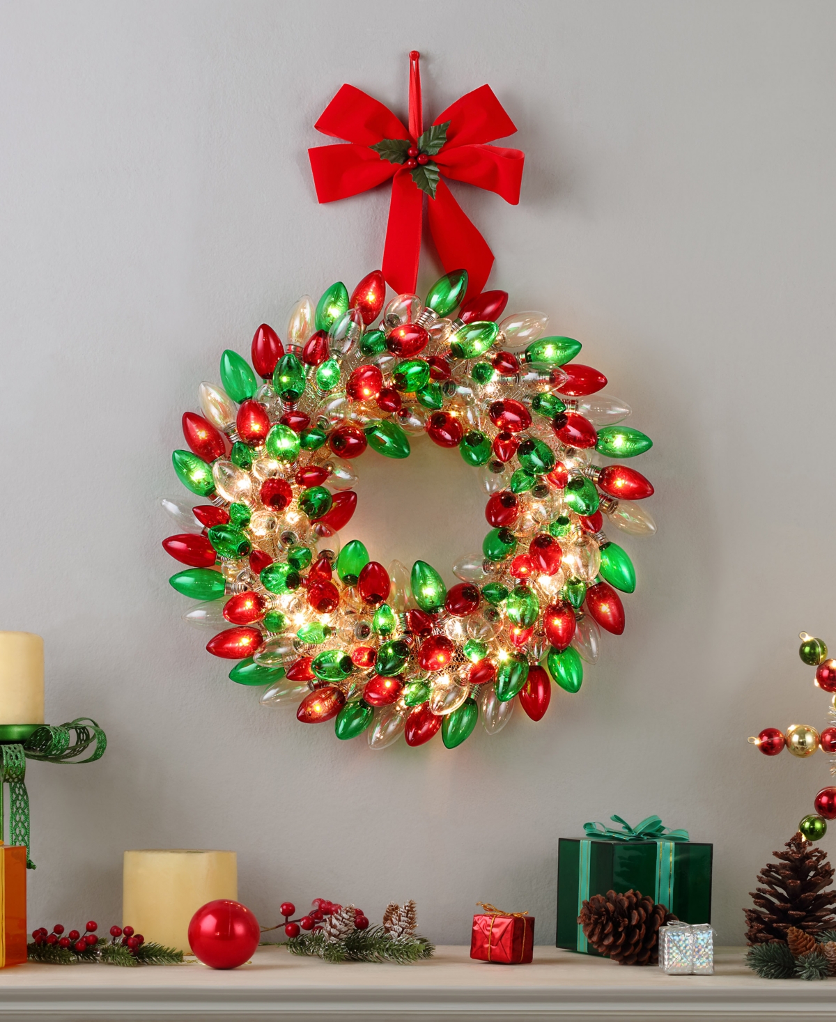 Mr. Christmas 17" Retro C9 Bulb Wreath, Red Green In Multi