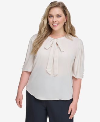 Calvin Klein - Plus Size Button-Sleeve Tie-Neck Blouse