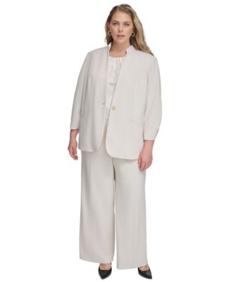 Calvin Klein Plus Size One Button Ruched Sleeve Jacket Printed Pleated Neck Camisole Scuba Crepe Wide Leg Pants In Stony Beige