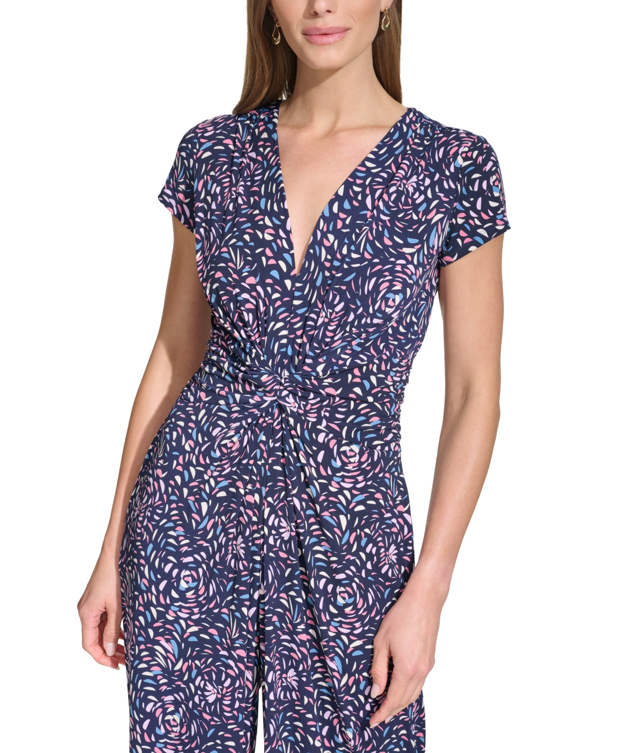 Shop Vince Camuto Petite Printed Twist-front Jumpsuit In Navy Multi