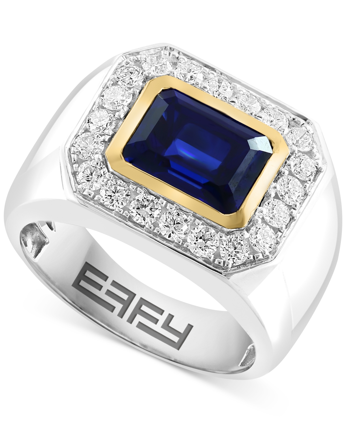 Effy Men's Lab Grown Sapphire (3-1/3 ct. t.w.) & Lab Grown Diamond (3/4 ct. t.w.) Halo Ring in 14k Two-Tone Gold - Two Tone