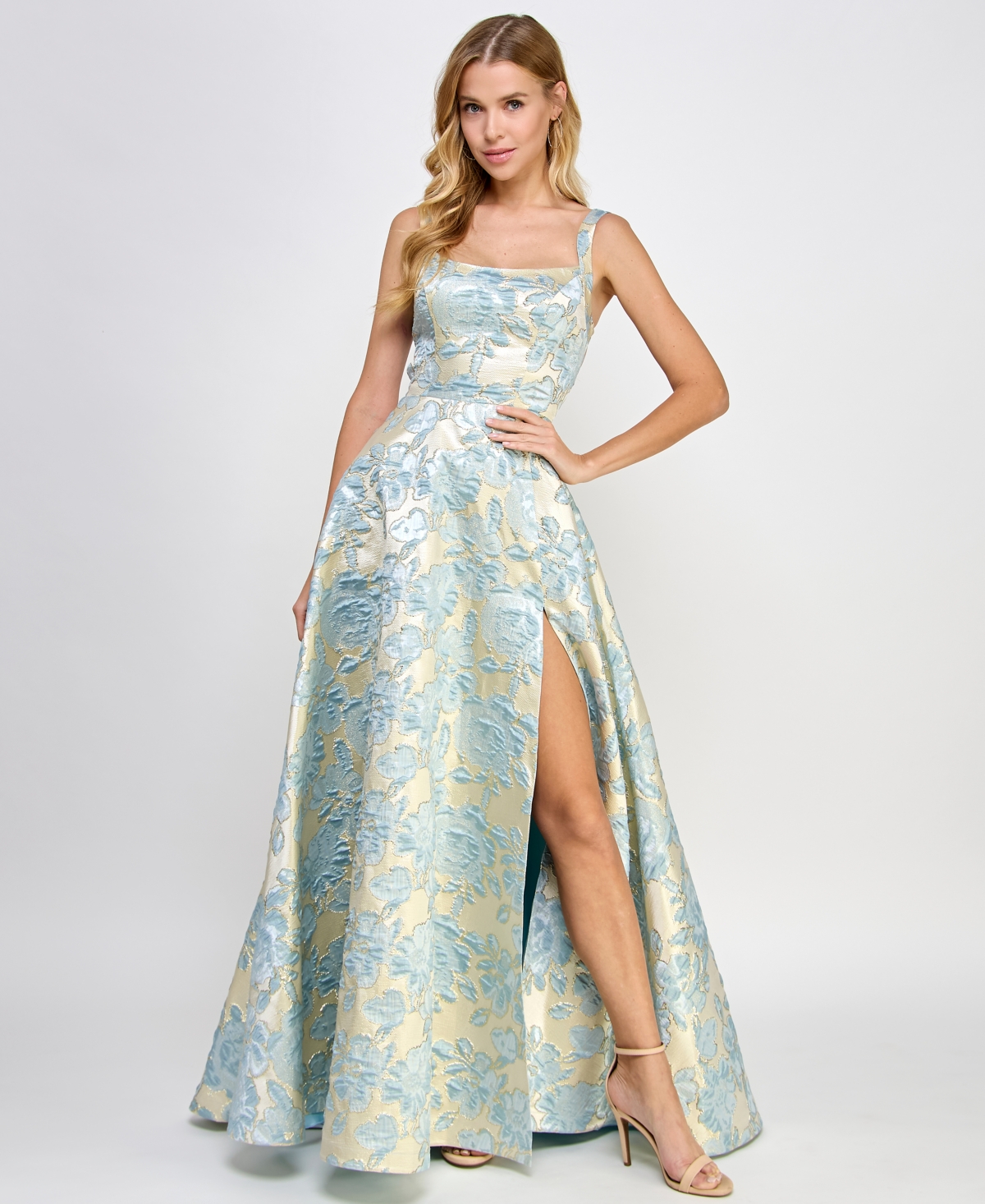 B Darlin Juniors' Jacquard Side-slit Lace-up-back Gown, Created For Macy's In Cream,blue,gold