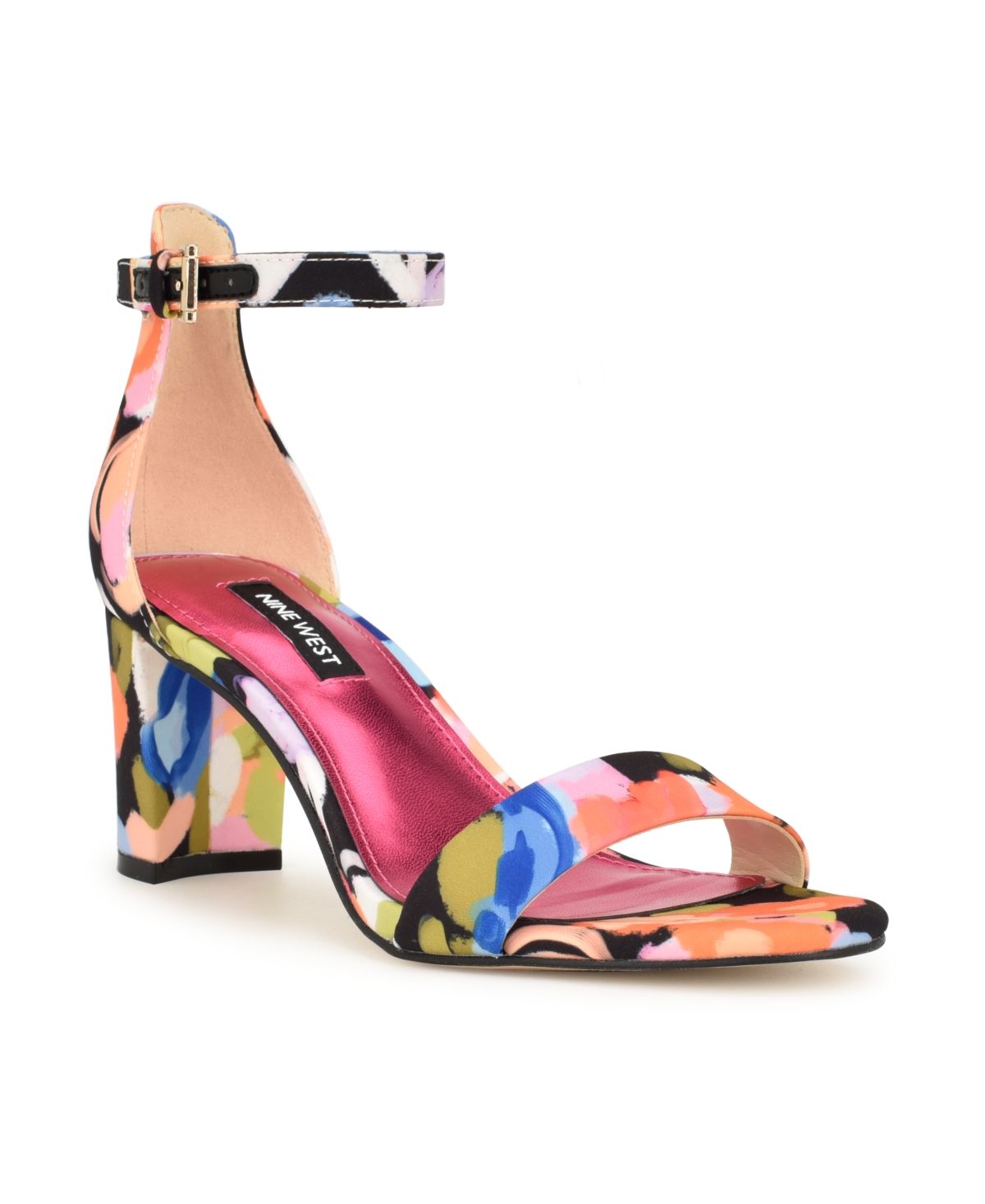 Nine West Women's Pruce Round Toe Block Heel Dress Sandals In Black Abstract Floral Multi- Textile
