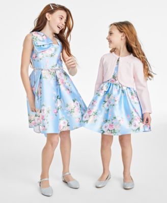 Shop Rare Editions Toddler Little Big Girls Floral Mikado Dress Toddler Little Girls Imitation Pearl Embellished Cardig In Blue
