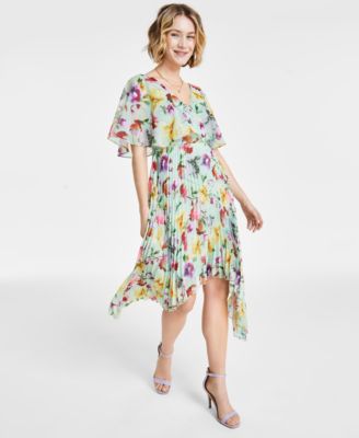 kensie - Women's Pleated V-Neck Floral-Print Chiffon Dress