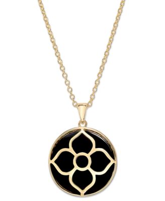 Onyx Tree & Flower Reversible 18" Pendant Necklace in 14k Gold-Plated Sterling Silver