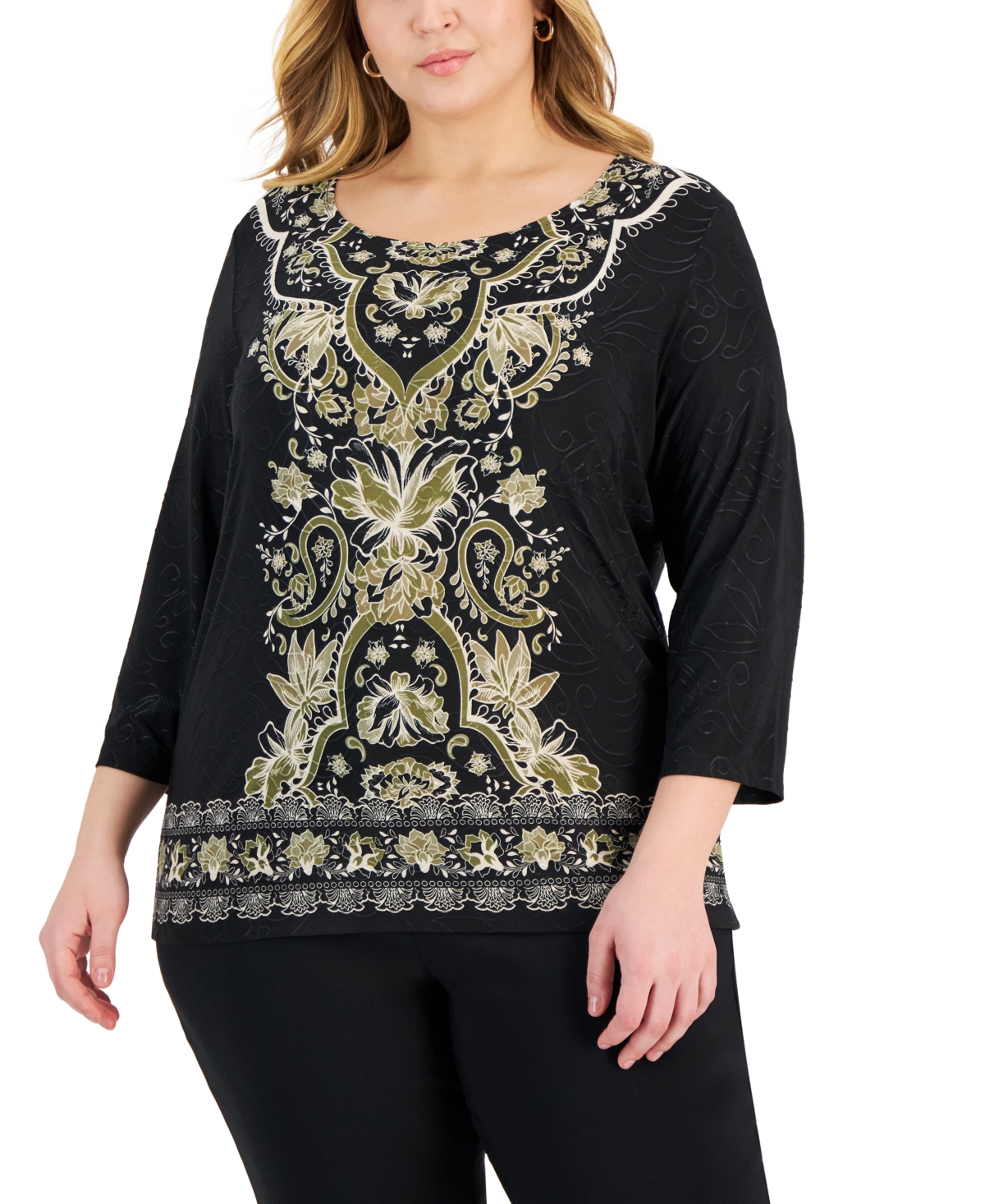 Jm Collection Plus Size Printed Border-hem Jacquard Top, Created For Macy's In Deep Black