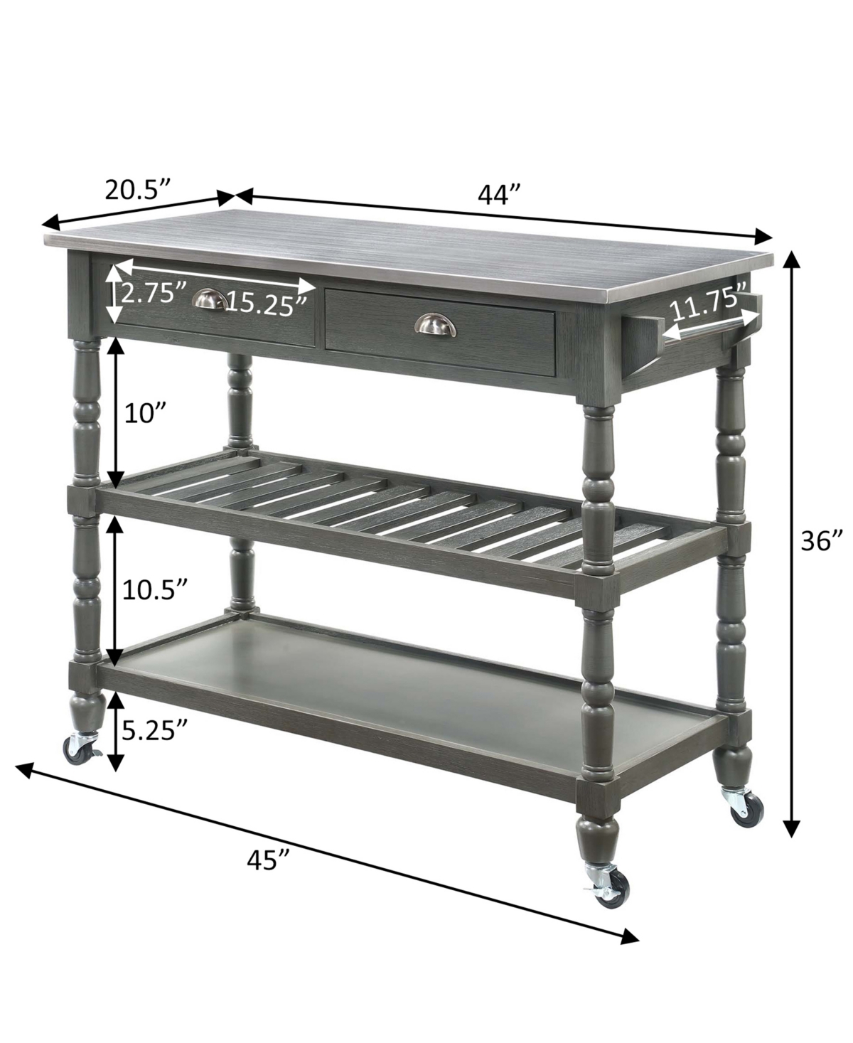Convenience Concepts French Country Medium Density Fiberboard (Mdf) 3 Tier Stainless Steel Kitchen Cart - Stainless Steel