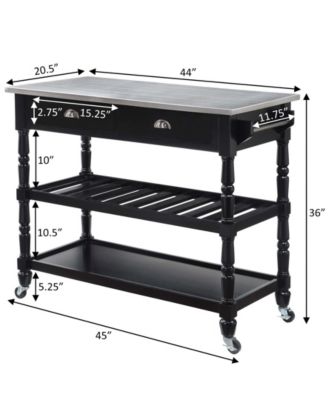 French Country 45" Medium Density Fiberboard (MDF) 3 Tier Stainless Steel Kitchen Cart