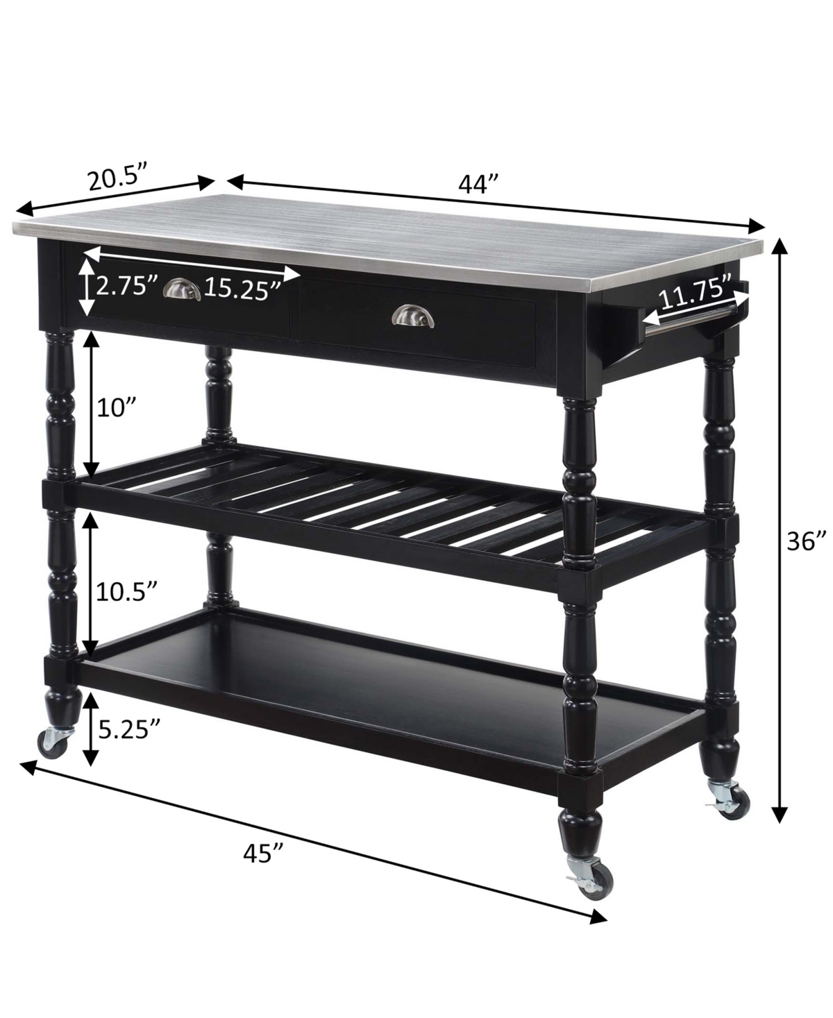 Convenience Concepts American Heritage 45" Medium Density Fiberboard (mdf) 3 Tier Stainless Steel Kitchen Cart In White,stainless Steel