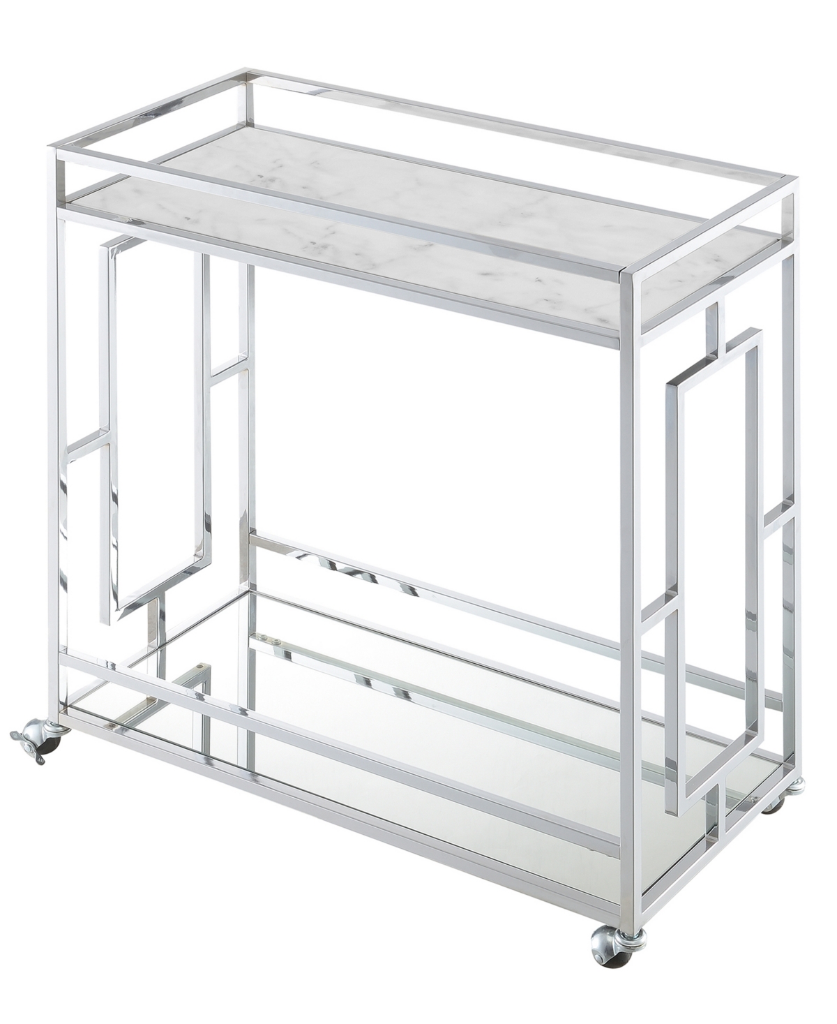 Convenience Concepts 29.25" Chrome Town Square Mirrored Bar Cart In White Marble,mirror,chrome