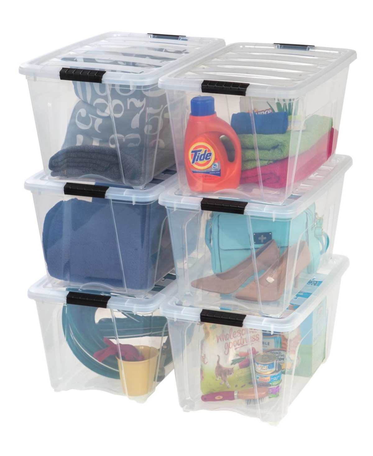 6 Pack 53qt Clear View Plastic Storage Bin with Lid and Secure Latching Buckles
