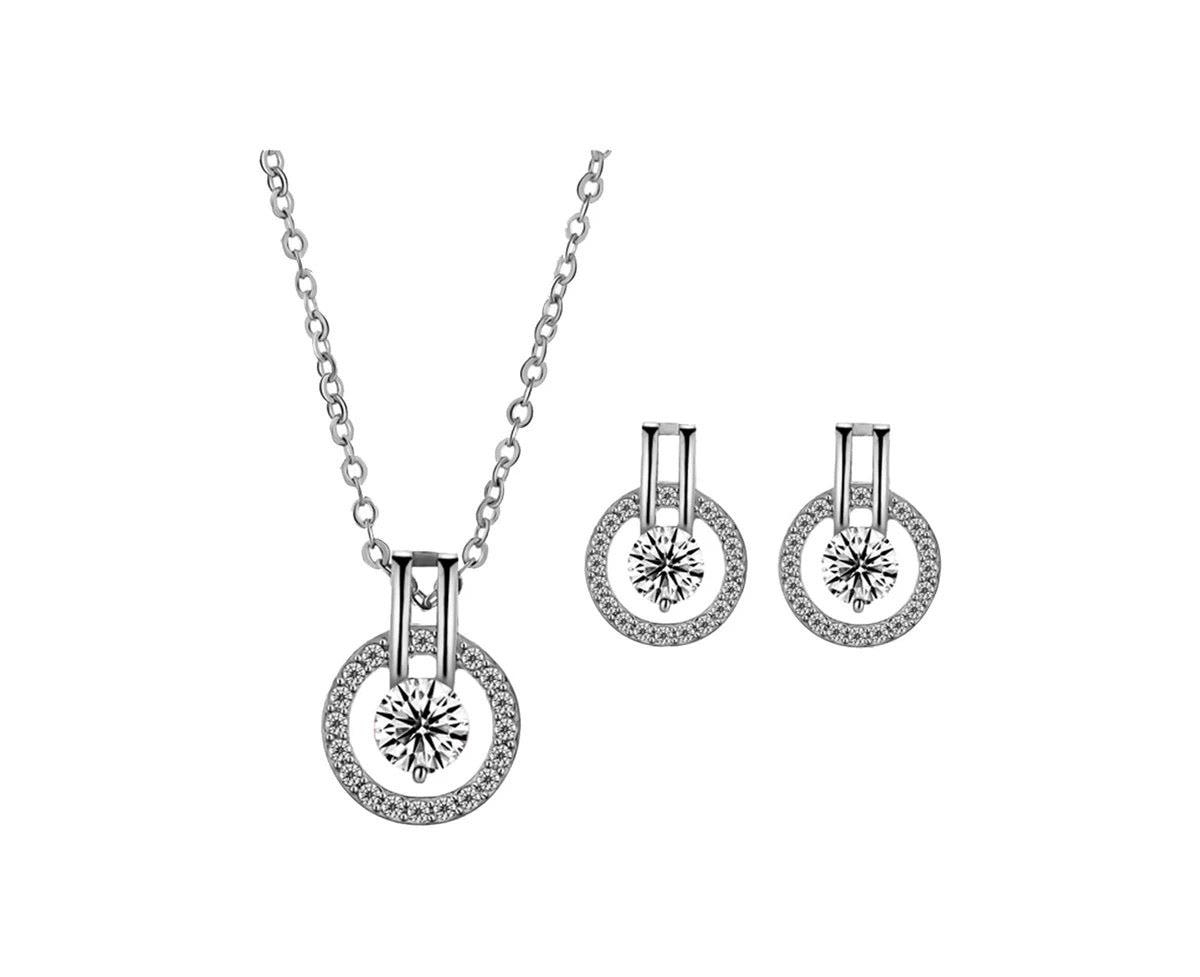 Cubic Zirconia Necklace and Earring Set for Women - Silver