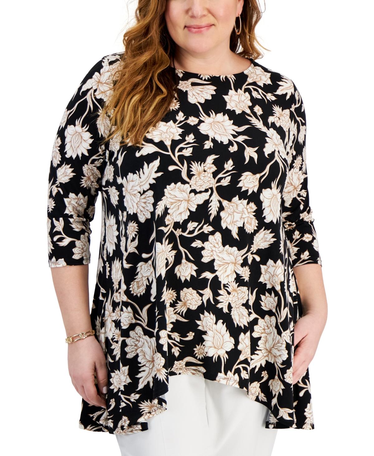 Jm Collection Plus Size Elena 3/4-sleeve Swing Top, Created For Macy's In Deep Black Combo