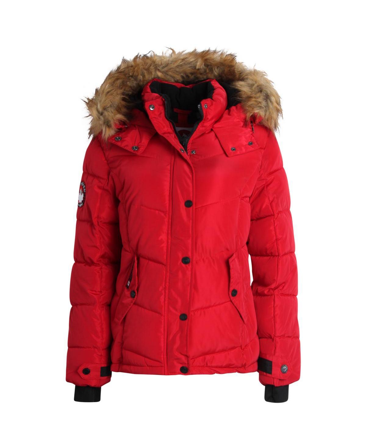 Women's Faux Fur Trim Insulated Puffer Jacket - Red