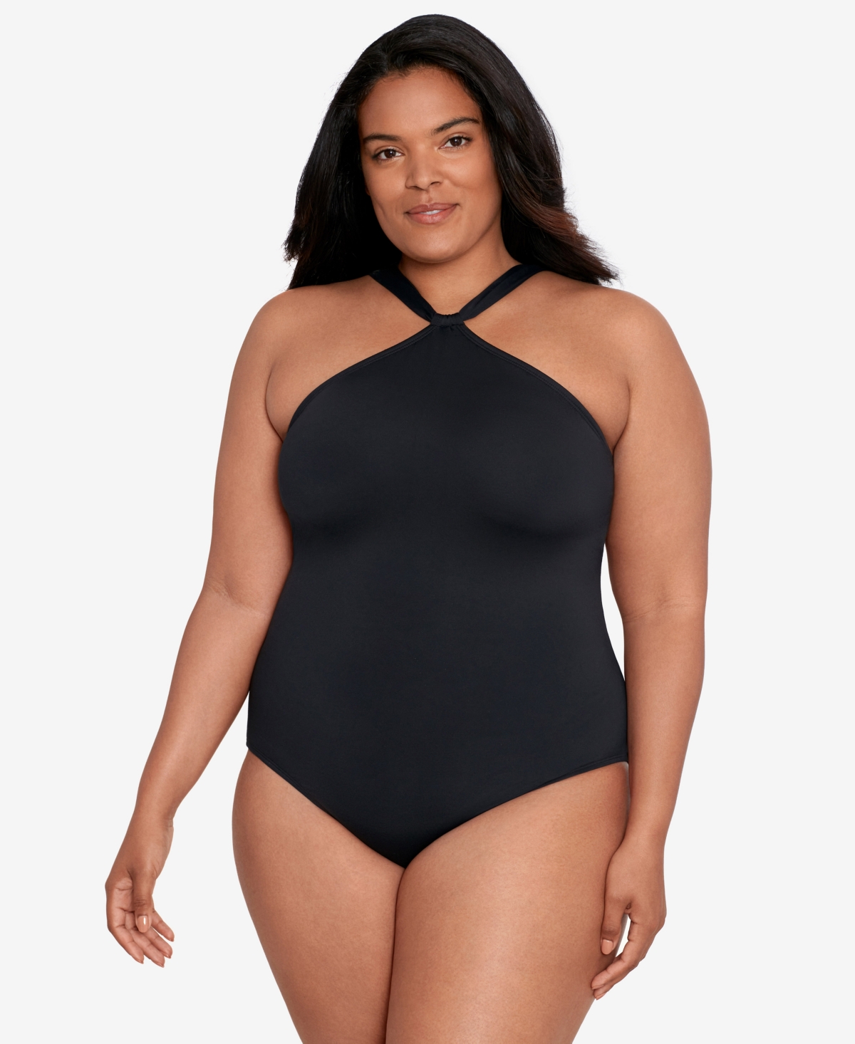 Plus Size Tummy-Control High-Neck One-Piece Swimsuit - Black