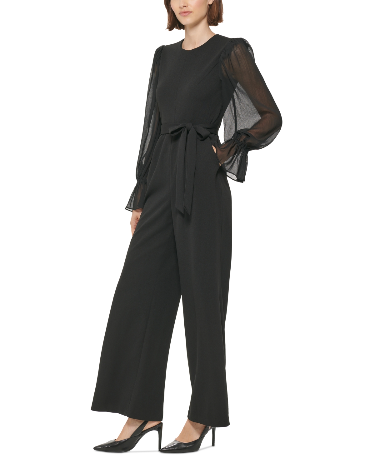 Calvin Klein Crewneck Chiffon Flare-Leg Jumpsuit -Black