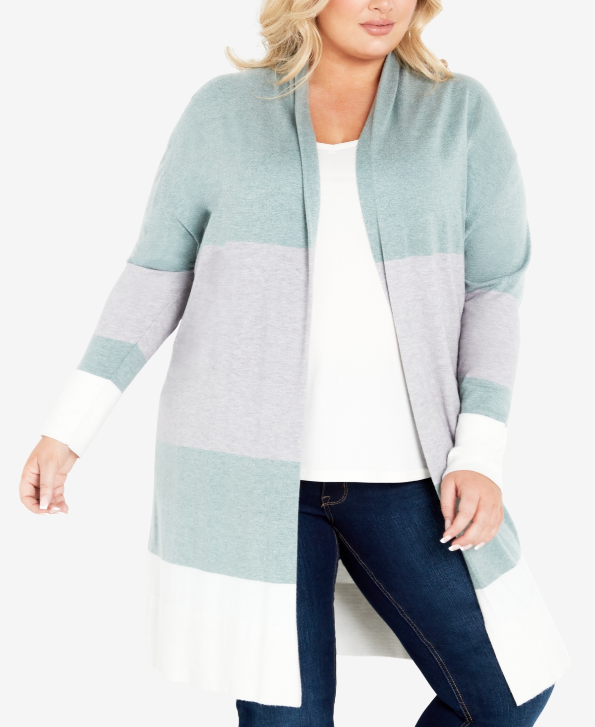 Avenue Plus Size Keelyn Colorblock Cardigan Sweater In Seafoam