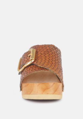 Rag and Co Womens Yoruba Braided Leather Buckled Slide Clogs