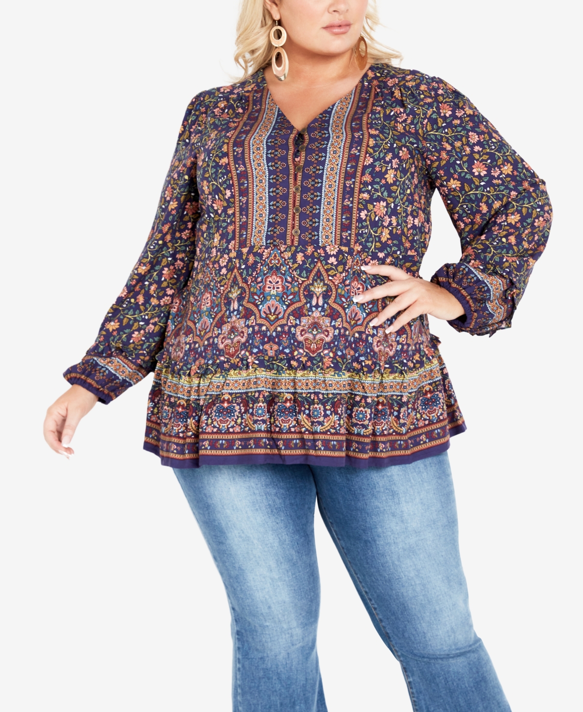 Avenue Plus Size Avril Border Notched V-neck Top In Evermore