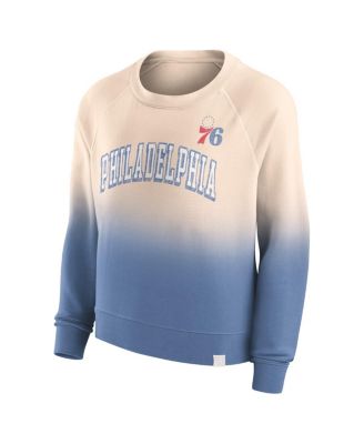 Women's Tan, Royal Distressed Philadelphia 76ers Lounge Arch Raglan Pullover Sweatshirt