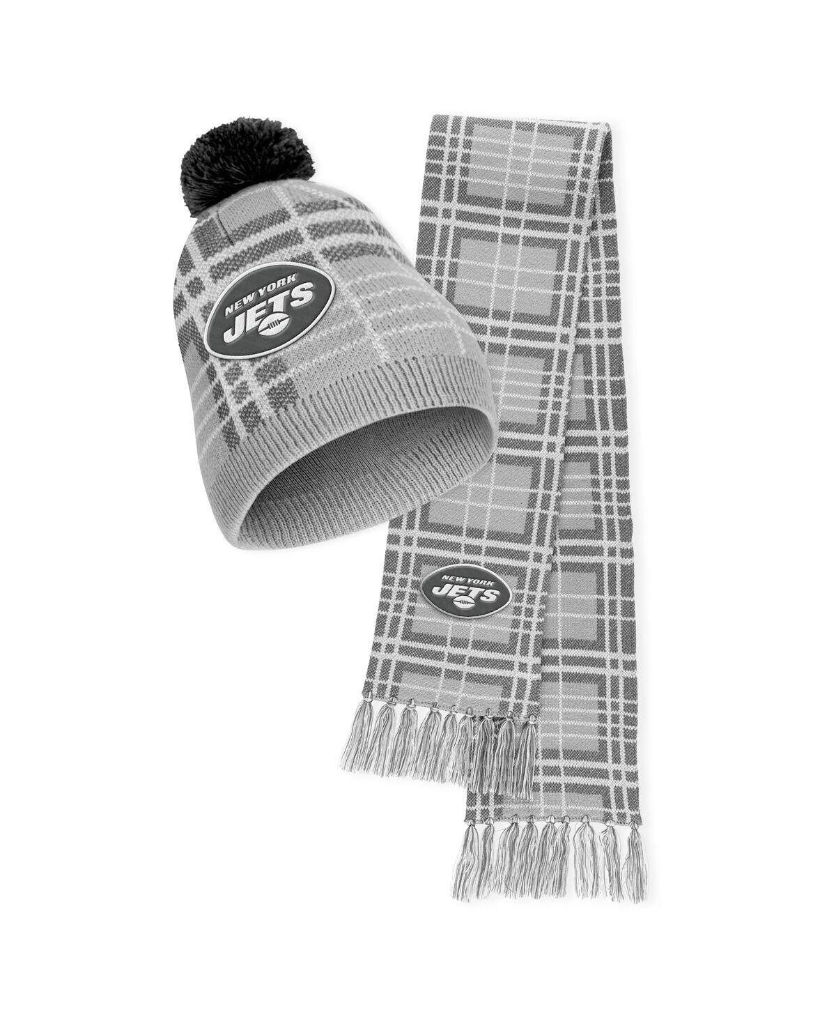 Wear By Erin Andrews Women's  New York Jets Plaid Knit Hat With Pom And Scarf Set In Gray