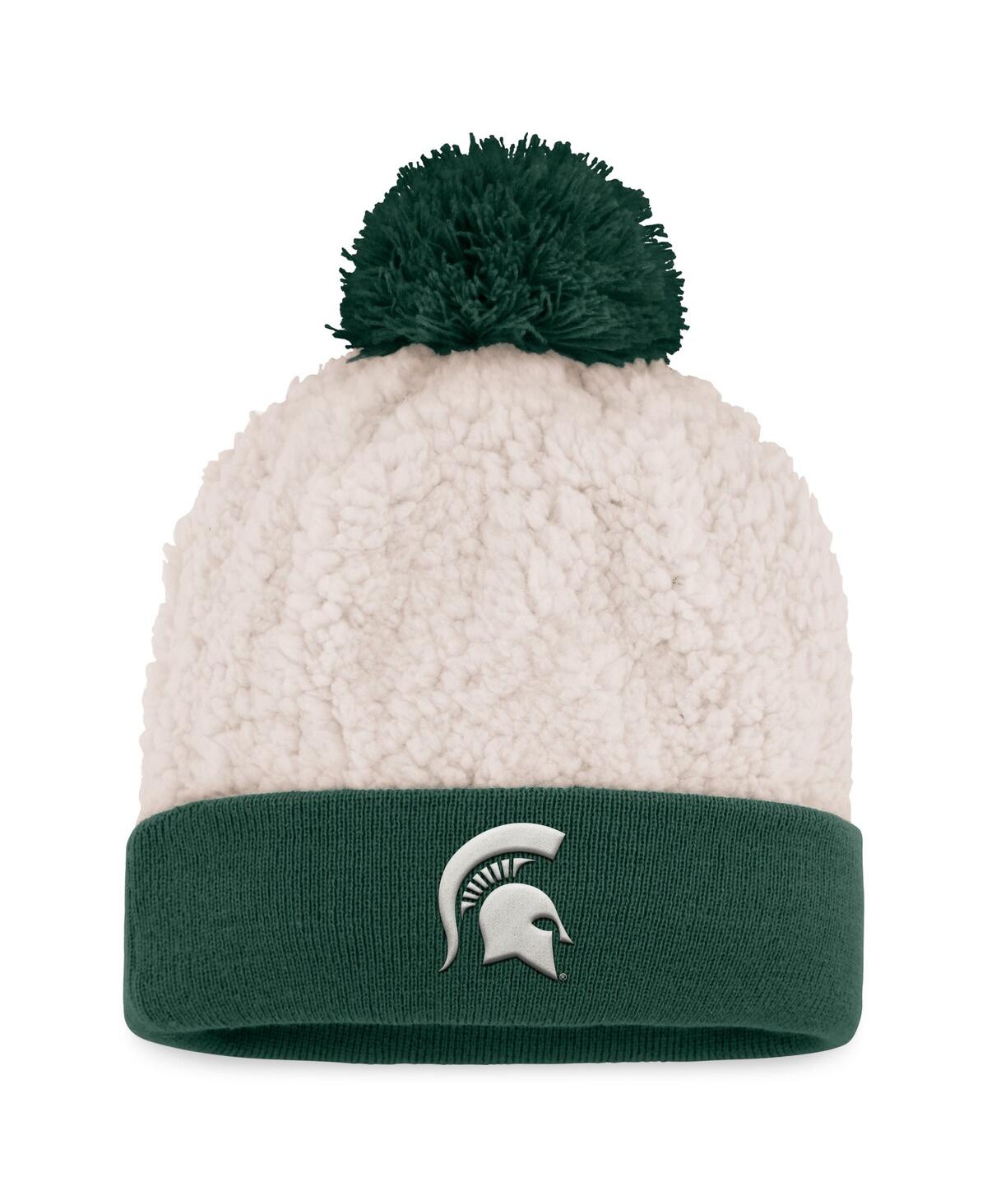 Top Of The World Women's  Cream Michigan State Spartans Grace Sherpa Cuffed Knit Hat With Pom In Green