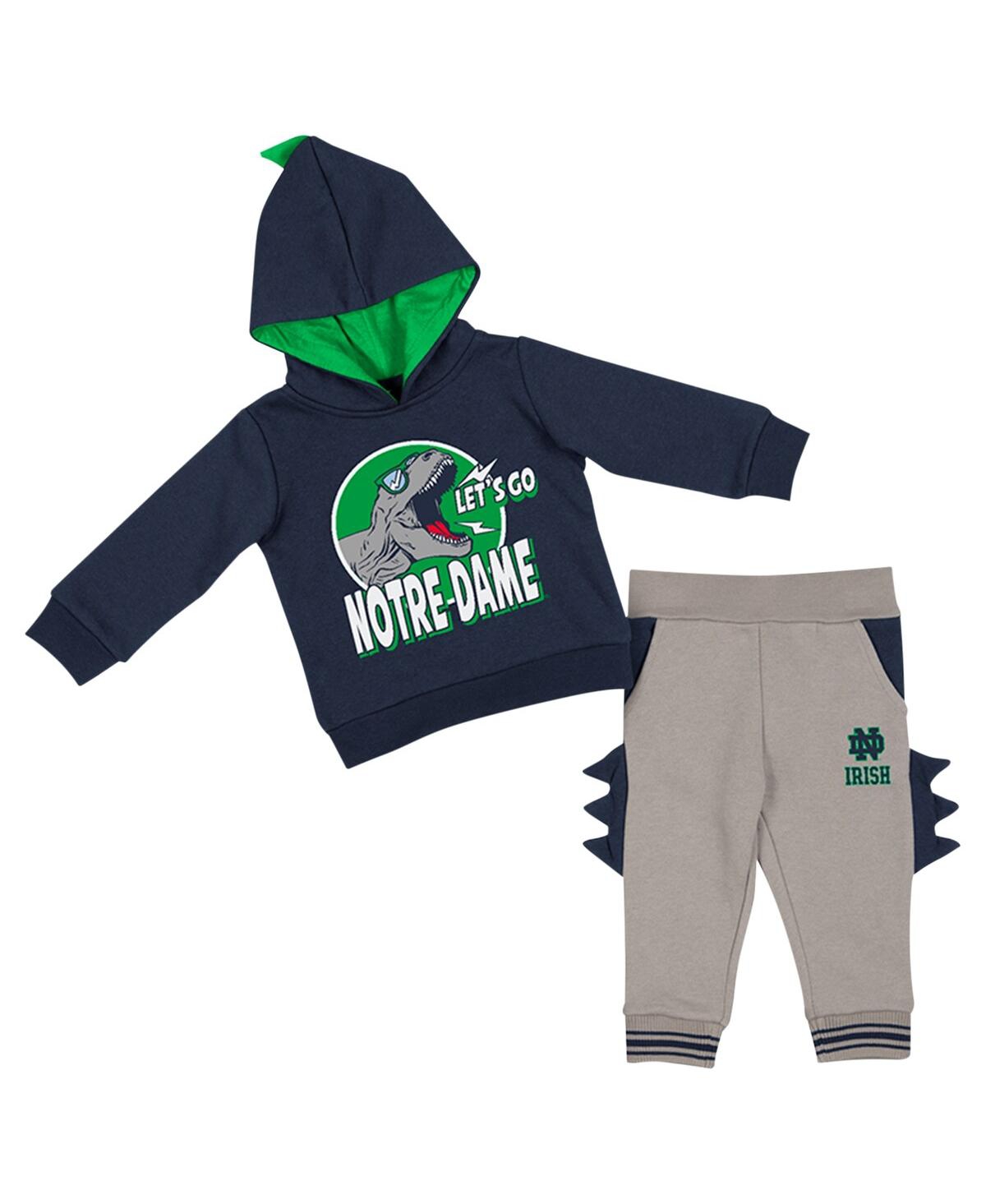 Colosseum Babies' Infant Boys And Girls  Navy, Gray Notre Dame Fighting Irish Dino Pullover Hoodie And Pants In Navy,gray