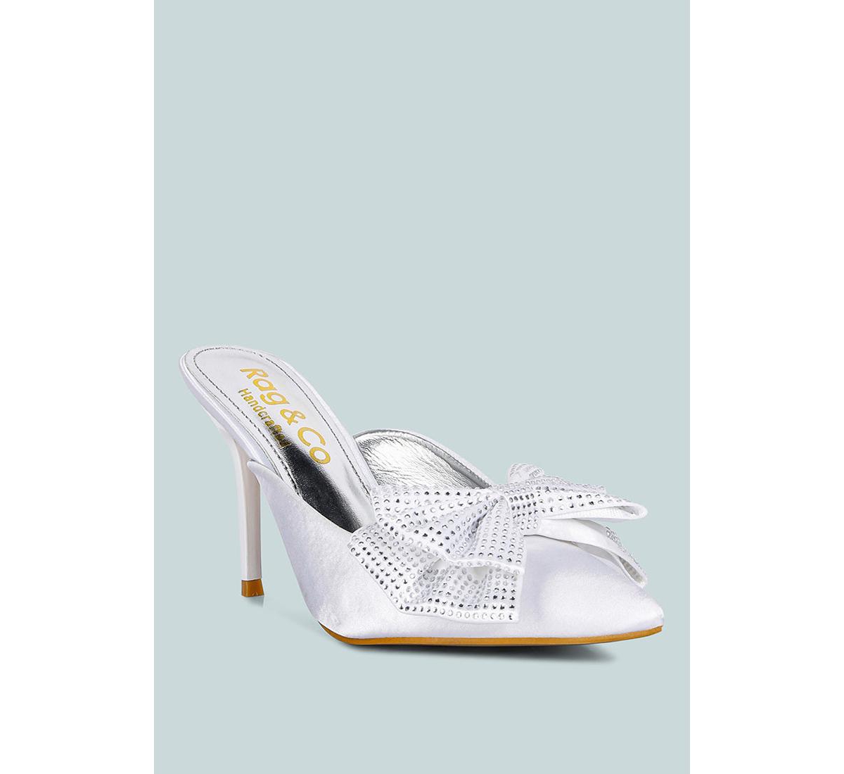 Rag & Co Elisda White Diamante Bow Heeled Mules In White