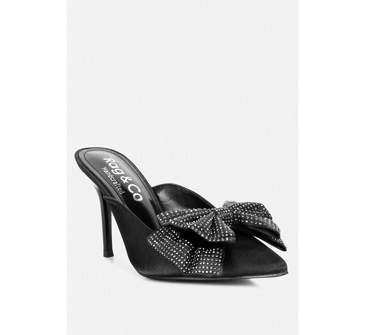 Rag & Co Elisda Black Diamante Bow Heeled Mules In Black