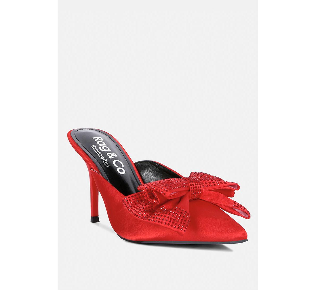 Rag & Co Elisda Red Diamante Bow Heeled Mules In Red