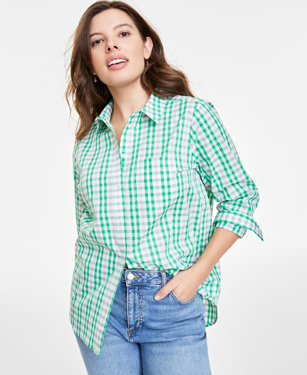 On 34th Women's Collared Button-down Shirt, Xxs-4x, Created For Macy's In White Green Cmb