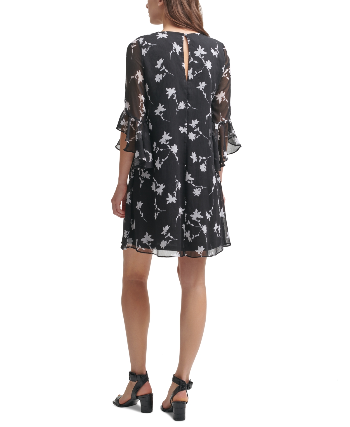 Shop Calvin Klein Women's 3/4-sleeve Chiffon Dress In Black Cream