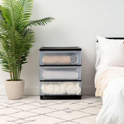 Plastic 3 Drawer Wide Storage Cart with 4 Caster Wheels, Black