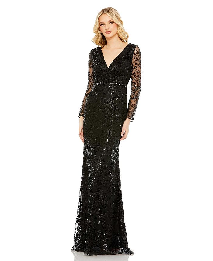 Mac Duggal Women's Embellished Wrap Over Long Sleeve Gown - Macy's