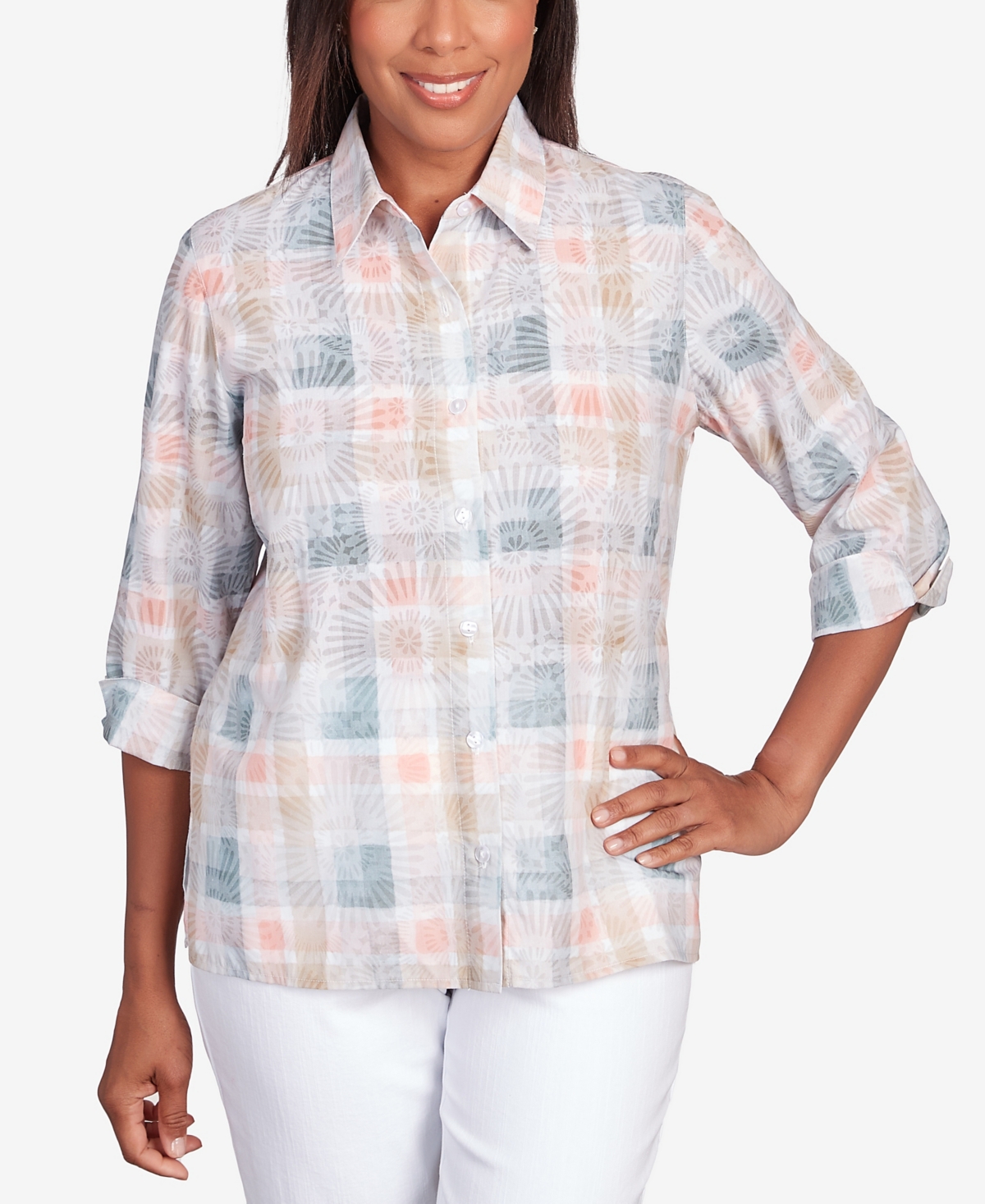 Shop Alfred Dunner Petite Classic Neutral Plaid Button Down Top In Multi