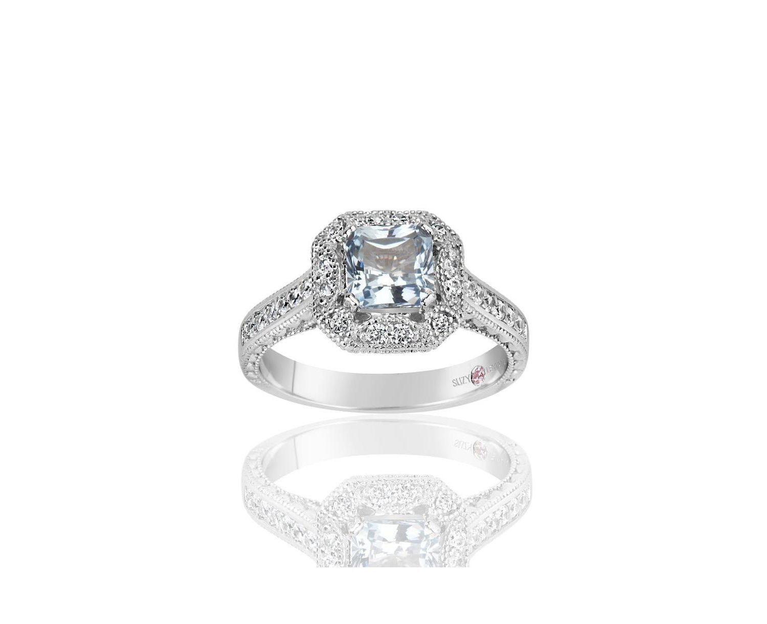 Suzy Levian Sterling Silver Assher Cut Cubic Zirconia Aquamarine Center Stone Ring