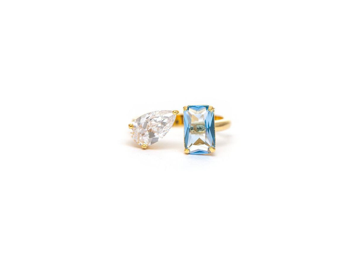 Periwinkle Crystal + Cubic Zirconia Open Band Ring - Gold with blue + clear cz