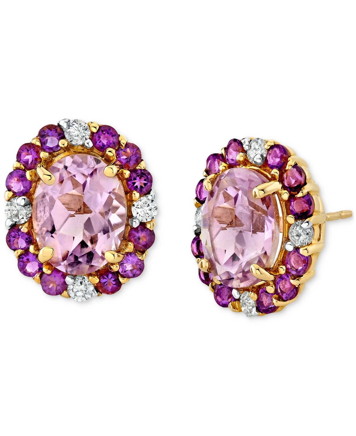 Macy's Pink Amethyst & Amethyst (4-1/4 Ct. T.w.) & Diamond (1/4 Ct. T.w.) Oval Halo Stud Earrings In 10k Go