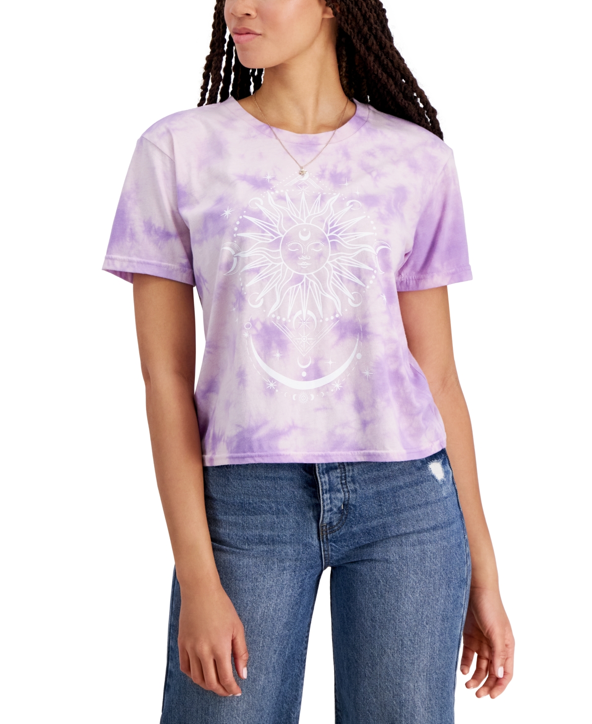Juniors' Celestial-Graphic Tie-Dye T-Shirt - Purple Min Wash