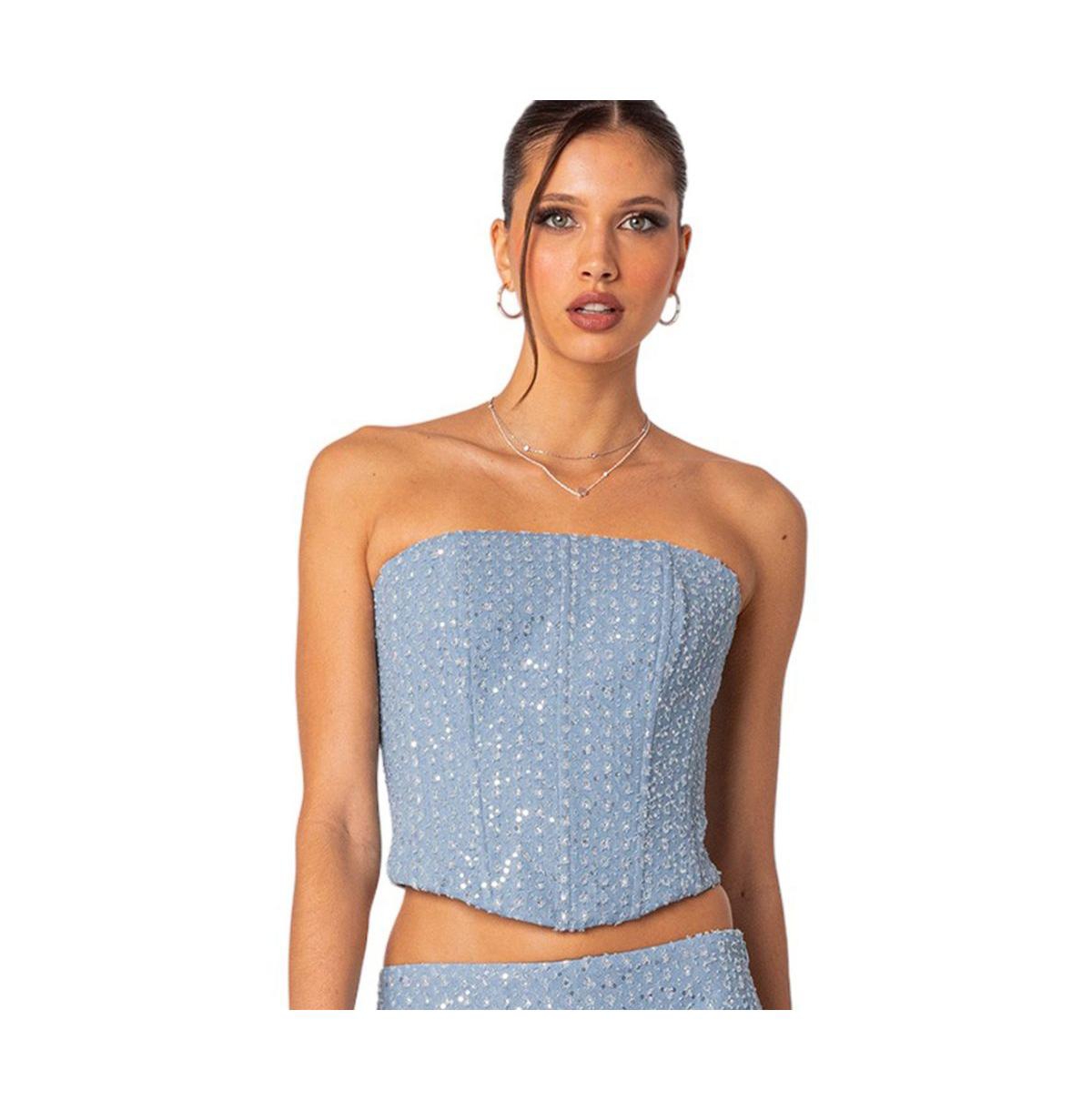 Women's Icing embellished denim corset top - Light-blue