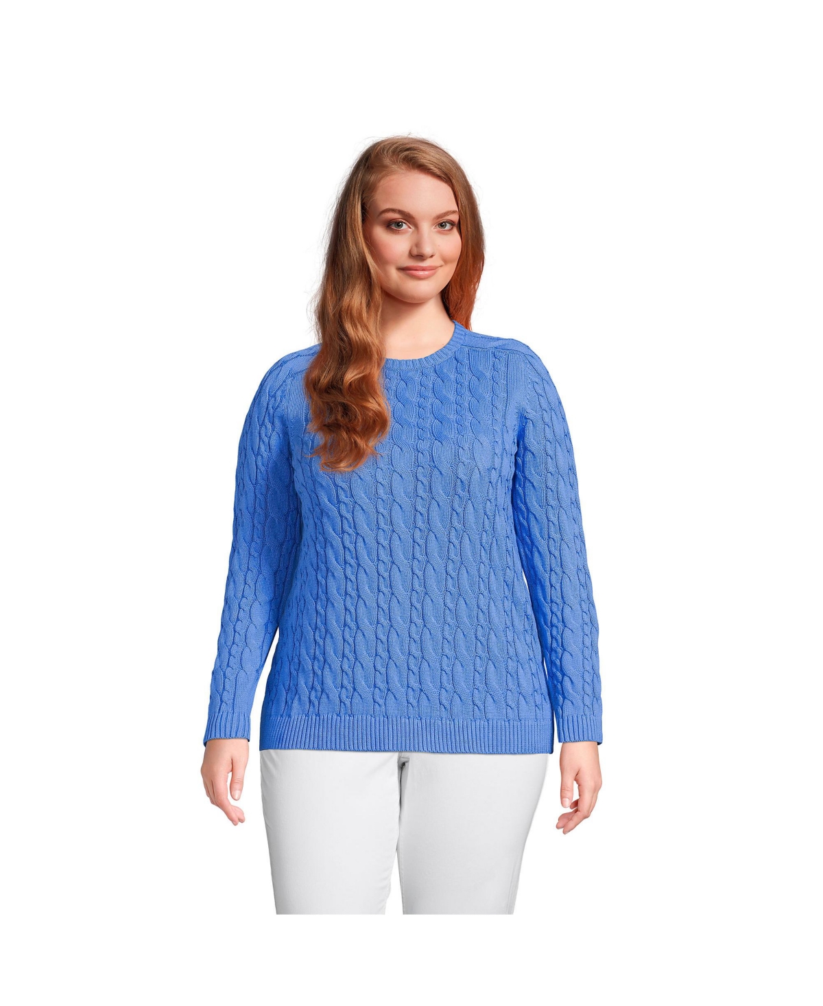 Women's Plus Size Cotton Drifter Cable Crew Neck Sweater - Chicory blue