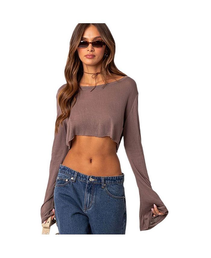 Edikted Women's Sheer Crop Top With Long Sleeve And Raw Hem Macy's