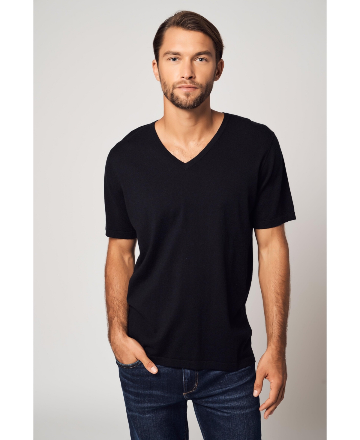 Bellemere Men's V-Neck Cotton Cashmere T-Shirt - Black