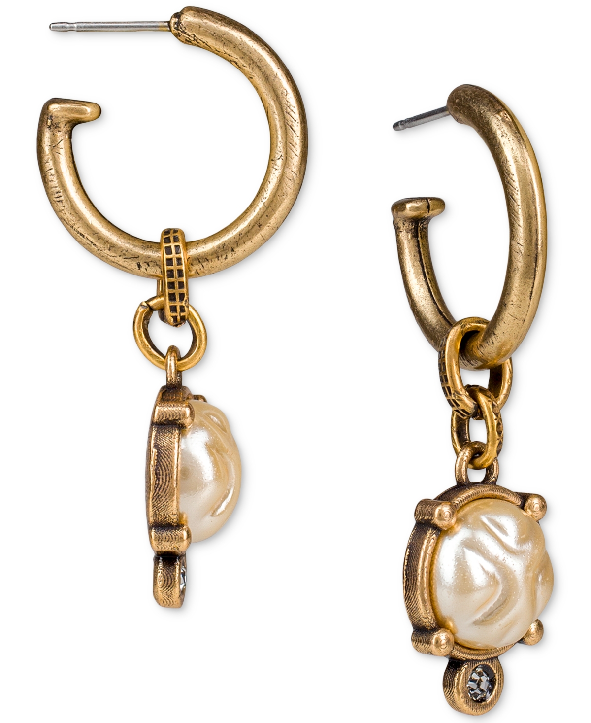 Gold-Tone Pave & Imitation Pearl Charm Hoop Earrings - Antique Gold