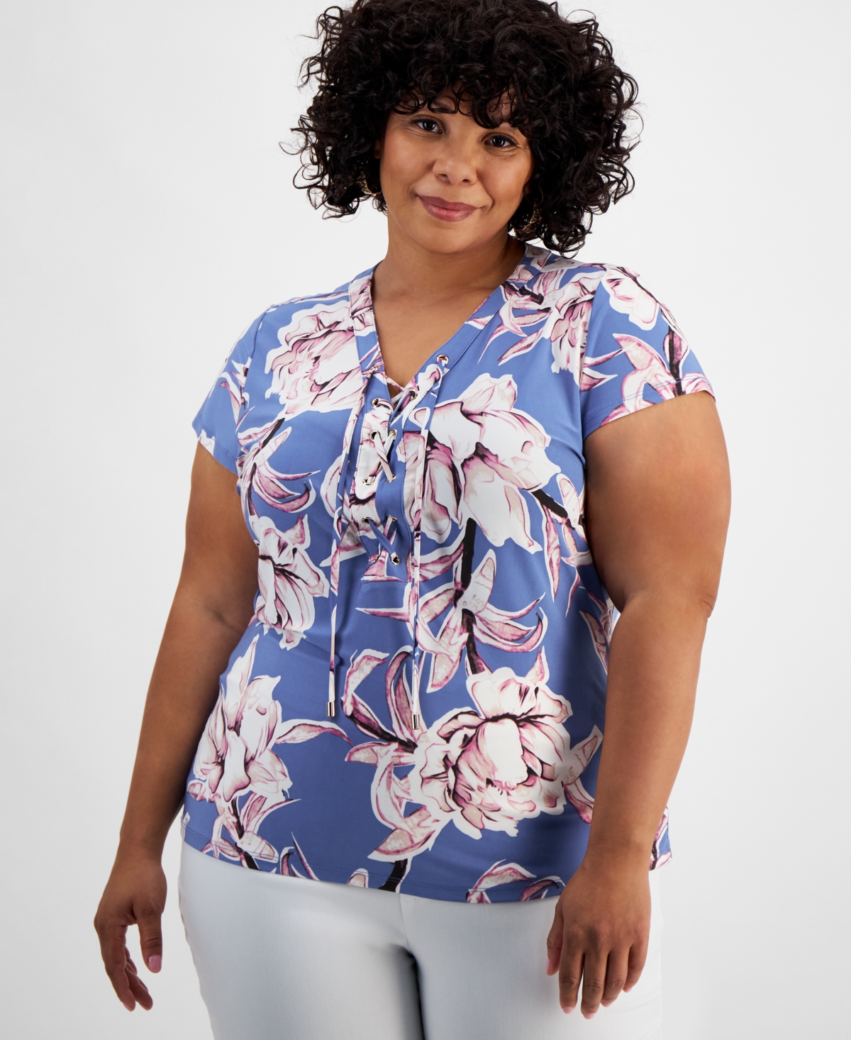 Inc International Concepts Plus Size Floral-print Lace-up-neck Top, Created For Macy's In Mariana Combo